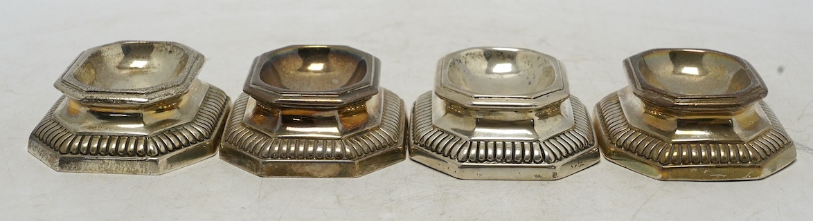 A set of three late Victorian Brittania standard silver trencher salts, Arthur Carter? London, 1894, 79mm and a similar Portuguese? salt. Condition - fair